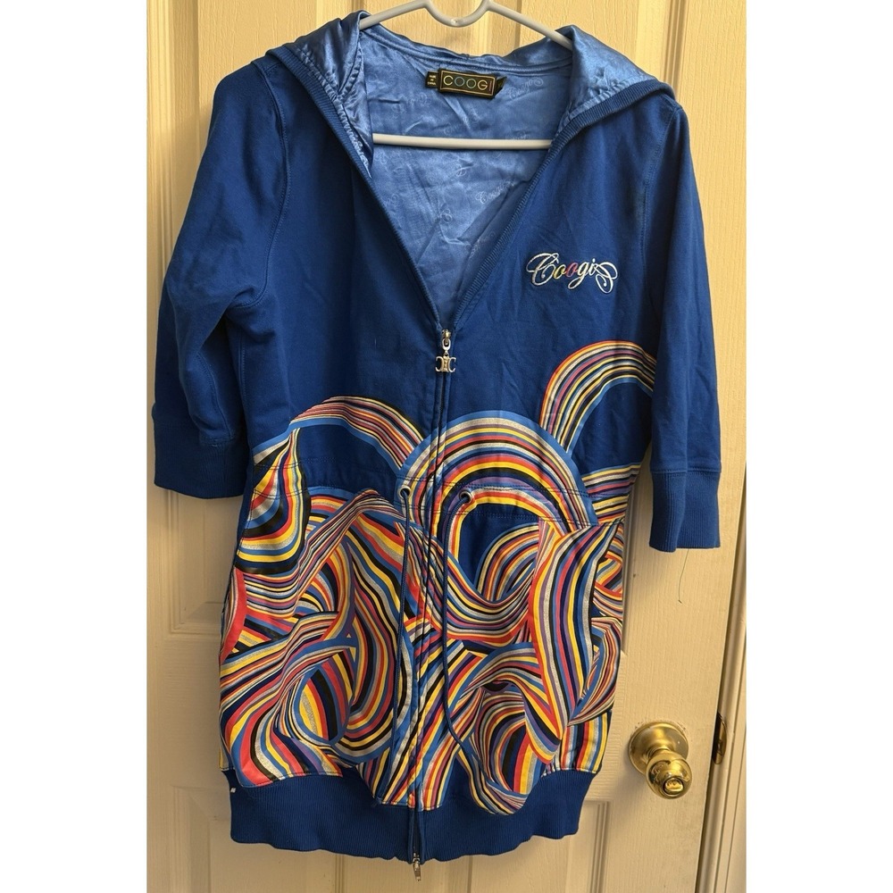 Y2K Coogi Rainbow Zip Up‎ Hoodie Sweatshirt Jacket Blue Woman's XL NWOT Read